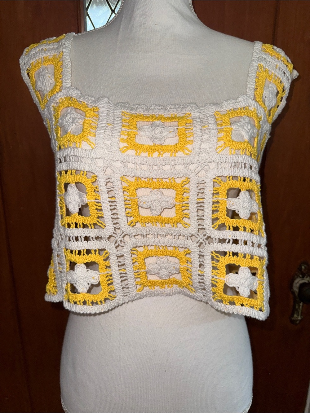 Julia by Love 7 Crochet Square Crop Top in White and Yellow Large